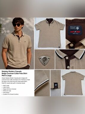 Netplay Modern Casuals Beige Contrast Collar Polo Shirt Men’s Lg Classic Preppy